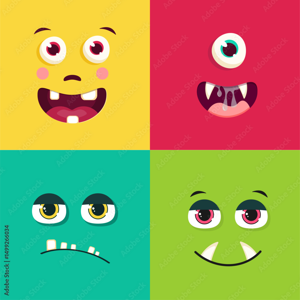 Fototapeta premium Cartoon monster faces set. Vector set of four Halloween monster faces with different expressions. 
