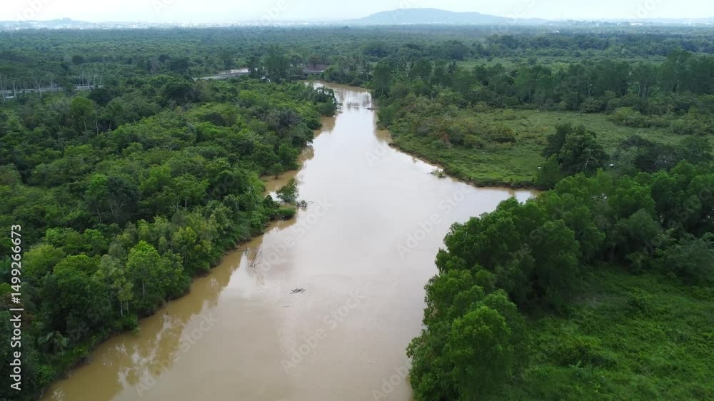 Aerial view of the winding Kalimantan river like the Amazon River, you can see a boat crossing the river Aerial view of the winding Kalimantan river like the Amazon River, you can see a boat crossing the river