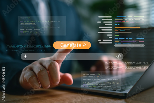 Fototapeta Web developer using AI for code generation and automation