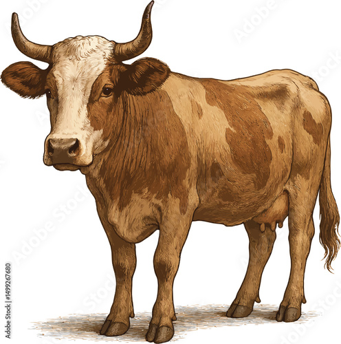 Realistic Brown and White Cow Illustration – Detailed Farm Animal Depiction