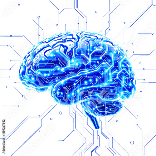 A glowing blue brain with circuit board patterns on a black background with connecting lines around it isolated with white background