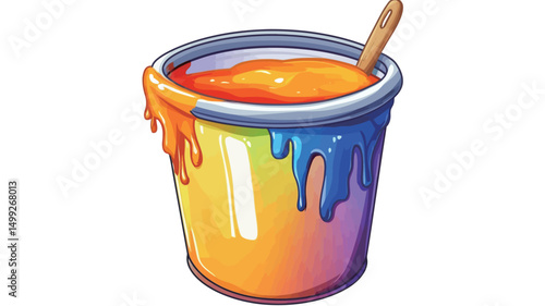 A digital illustration depicts a cylindrical paint bucket overflowing with bright orange paint. The bucket itself is rendered with a vibrant rainbow gradient effect, transitioning from orange at