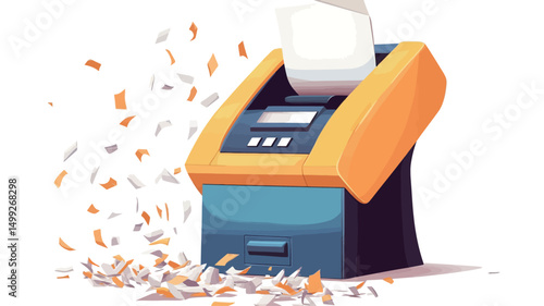 A digital illustration depicts a cartoonish yellow and blue paper shredder in action. The shredder's top is open, revealing a partially shredded piece of white paper being fed into the machine.