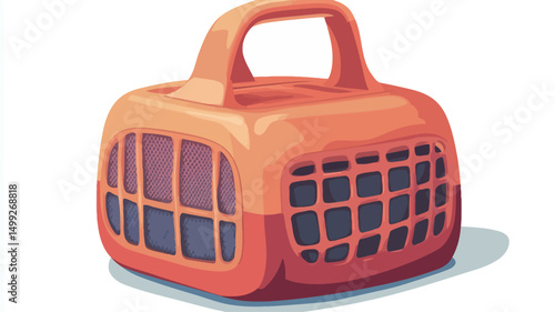 A digital illustration depicts a small, orange, plastic pet carrier. The carrier is cube-shaped with a handle on top and a grid-like pattern on the front and sides, suggesting ventilation.