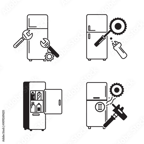Collection of refrigerator repair and maintenance silhouette icons for home appliance services