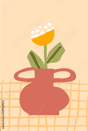 Abstract modern art minimalist cutout style design of a yellow flower with a green stem in a pink vase. Beige background with checkered pattern at the bottom. Vector home decor poster