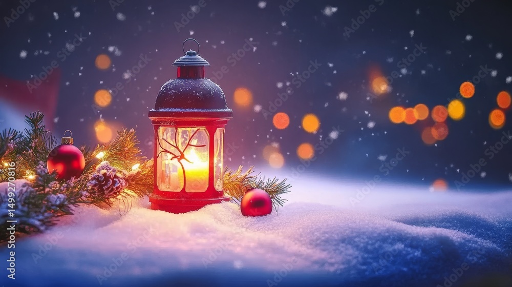 Fototapeta premium Red Christmas Lantern with Candlelight on Snowy Surface with Fir Tree, Ornaments, and Festive Bokeh