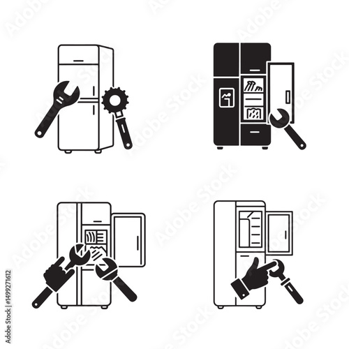 Refrigerator repair and maintenance icon set depicting appliance service and mechanics