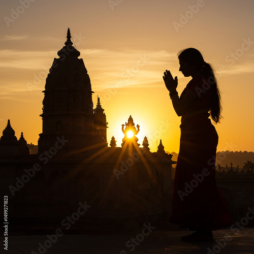 Woman Praying at Sunrise Te...