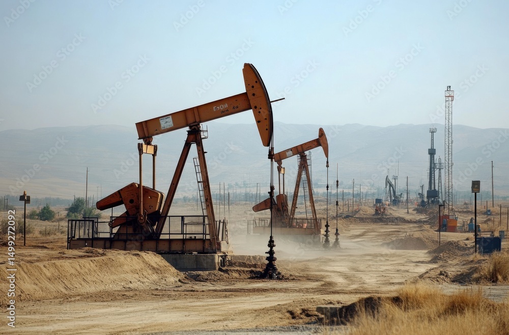 Fototapeta premium Heavy machinery digging at oil field site, dry and dusty terrain