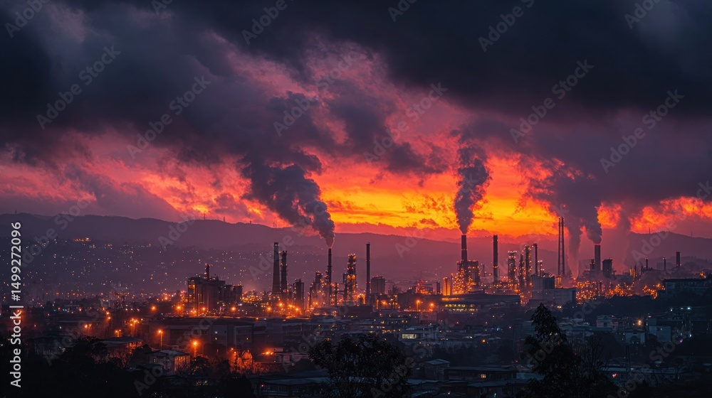 Crimson Sky Over Industrial Cityscape Crimson Sky Over Industrial Cityscape