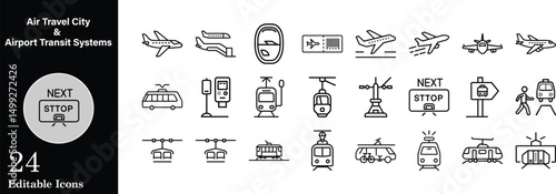 Air travel and city airport transit editable stroke icons set vector depicting transportation systems and aviation services ideal for illustrative purposes