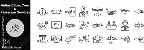 Airline cabin and passenger services icon set crew amenities travel elements airport and plane pictograms airline transport pictograms