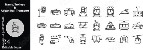 Set of urban transportation icons public transport tram trolley cable car light rail subway line vector illustration