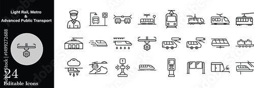 Public transportation icons set featuring light rail metro and advanced transport editable stroke simple and clean