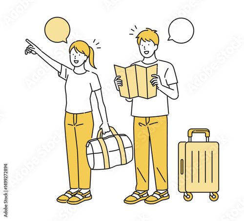 イラスト素材【旅行シーン】：旅行に行く若いカップル / 夫婦