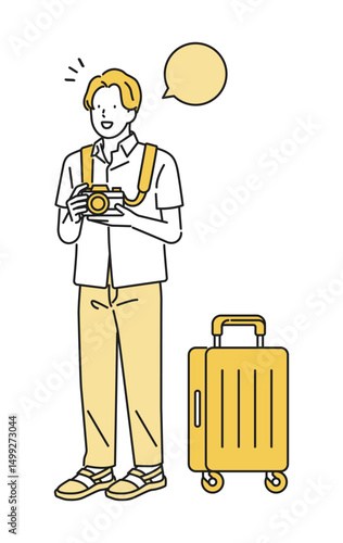 イラスト素材【旅行シーン】：カメラを持って旅行に行く若い男性