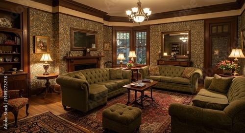 Elegant traditional living room interior featuring dark olive green furniture