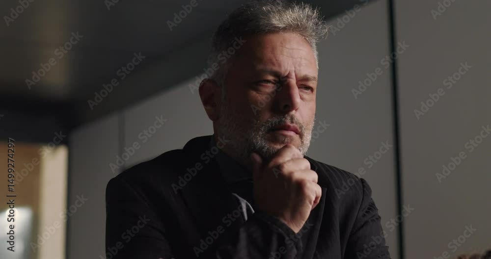 Pensive businessman lost in thought during corporate meeting with hand on chin and intense gaze in professional boardroom setting Pensive businessman lost in thought during corporate meeting with hand on chin and intense gaze in professional boardroom setting