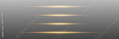 Glowing horizontal light beams with golden sparkles on transparent background for magic or sci-fi effects.