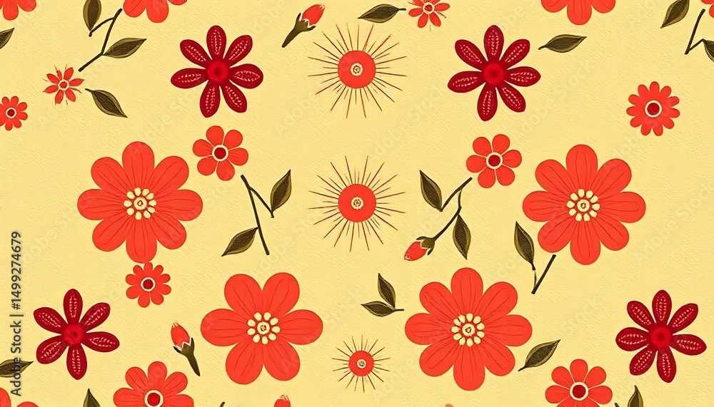 Cheerful Red Flowers Pattern on Soft Yellow Background, Retro Style, Repeatable. Cheerful Red Flowers Pattern on Soft Yellow Background, Retro Style, Repeatable.