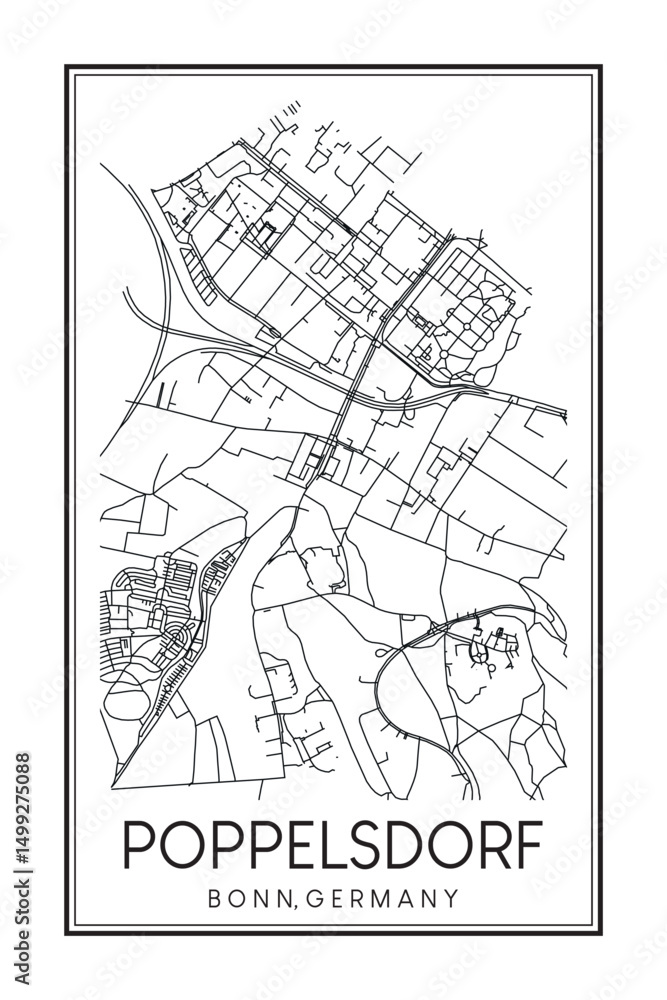 Fototapeta premium Hand drawn printable downtown road map poster of borough POPPELSDORF of the German city of BONN on solid white background with city name
