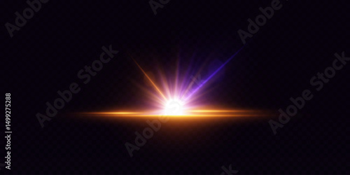 A bright, glowing explosion of purple and gold rays. On a dark background.