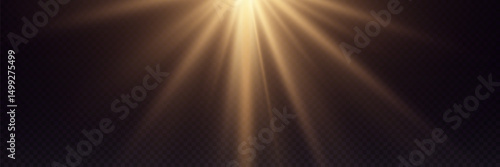 Golden rays of light realistic sunbeam effect. On transparent background