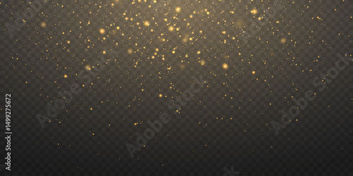 Golden glowing dust particles with soft shimmer effect. On transparent dark background.