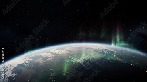 Wallpaper Mural Planet with Dancing Aurora Borealis – Glowing Green & Violet Atmospheric Waves from Space Torontodigital.ca