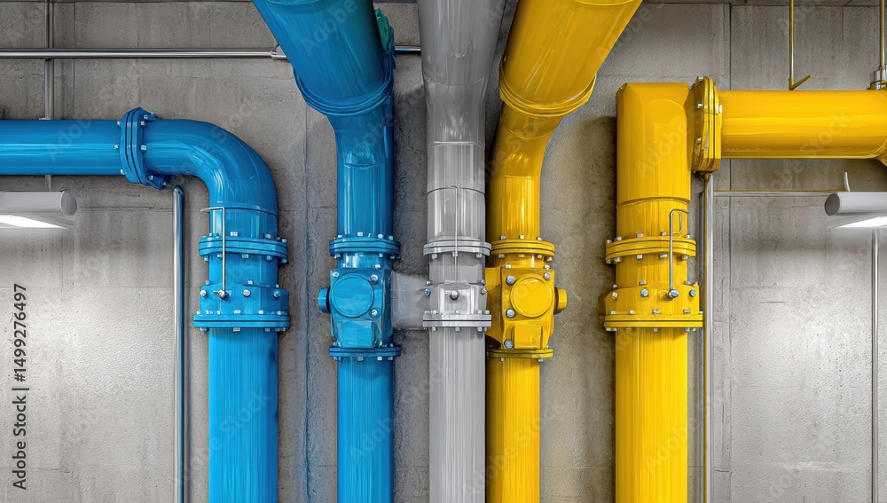 Industrial Piping System: Colorful Metal Pipes and Valves on Concrete Wall