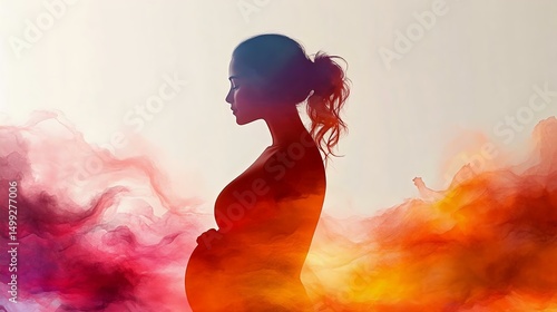 A silhouette of a pregnant woman surrounded by colorful, dreamy smoke. The image captures the essence of motherhood and beauty in a creative way.
