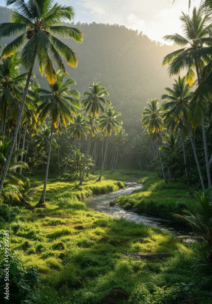 Obraz premium Lush Tropical Valley with Palm Trees and Stream