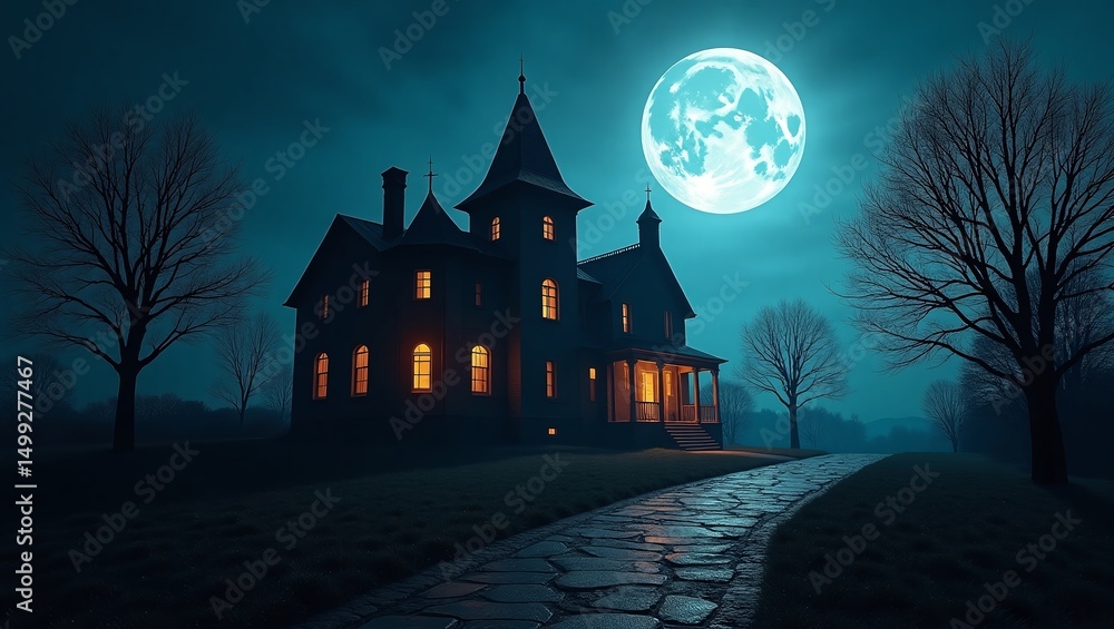 Fototapeta premium Full Moon Over a Dark Victorian Style House with Winding Stone Path