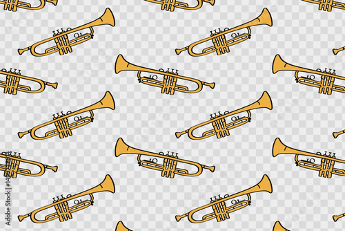Seamless Pattern with Yellow Trumpets on Transparent Background. Repeating trumpet pattern for jazz or retro music backgrounds and textile designs.