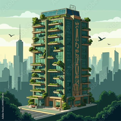 Art Deco Green Building: Elegant Vector Illustration of Sustainable Smart Architecture with Solar Panels, Vertical Gardens & Cityscape. High-Rise Eco-Friendly Design. Urban Sustainability.