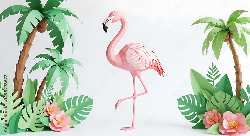 Fototapeta premium Pink flamingo papercraft tropical paradise palm trees flowers leaves summer vacation art decoration 3d art