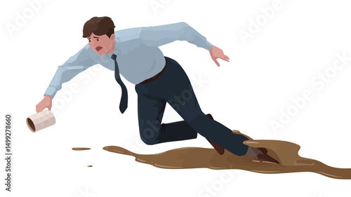 A digitally rendered vector illustration depicting a businessman in a light blue shirt and dark trousers, slipping on a puddle of spilled coffee and mud. He is shown mid-fall, arms outstretched.