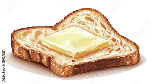 A digital illustration depicts a single slice of toasted bread with a pat of butter melting into the warm surface. The bread is light brown with visible texture and slightly irregular edges.