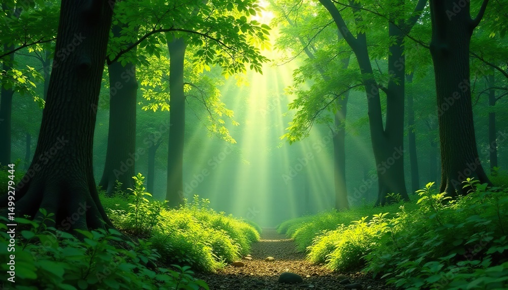 Fototapeta premium A lush green forest scene, sunlight dappling through the canopy , foliage, fresh
