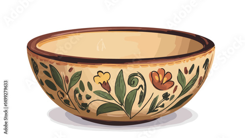 A digital illustration depicts a wide, shallow bowl with a cream-colored interior and a slightly darker exterior. The bowl features a hand-painted design encompassing stylized green leaves, yellow.