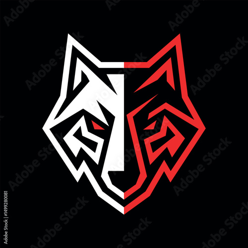 Red geometric wolf mascot logo split face design modern animal e sport icon