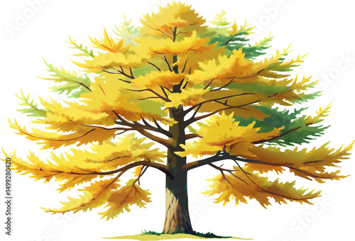 A watercolor painting of a European Larch (Larix decidua), a deciduous conifer with soft yellow-green needles, isolated on a white background.
