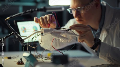 An engineer is focused on assembling a robotic hand prototype while connecting wires to sensors in a modern laboratory
