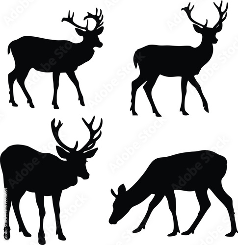 Four Deer Silhouettes Set Wildlife Animal Black