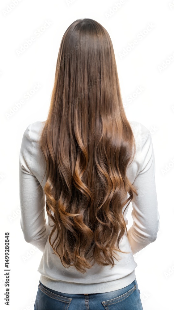 Naklejka premium Una mujer con melena de cabello casta?o de espaldas sobre fondo blanco
