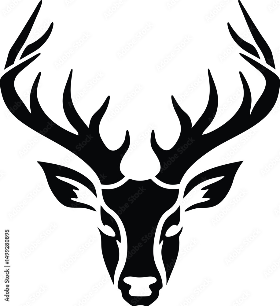 Stylized Black and White Deer Head with Antlers Illustration Stylized Black and White Deer Head with Antlers Illustration