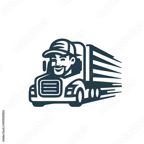 Truck Driver Logo, Modern Trucker Logo With a Smiling Driver and Truck, Minimal Design, Vector Illustration