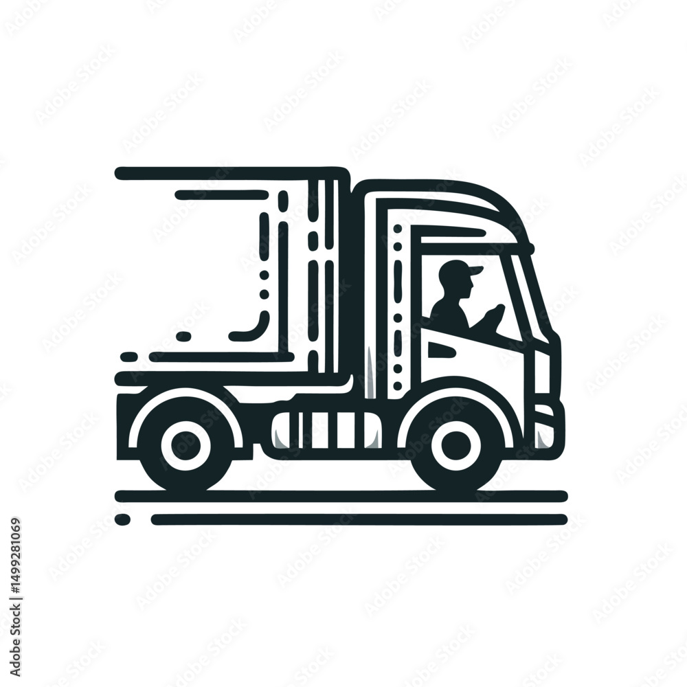 Naklejka premium Monoline Truck Driver Logo, Side View of a Truck and Driver, Simple Black Line Art