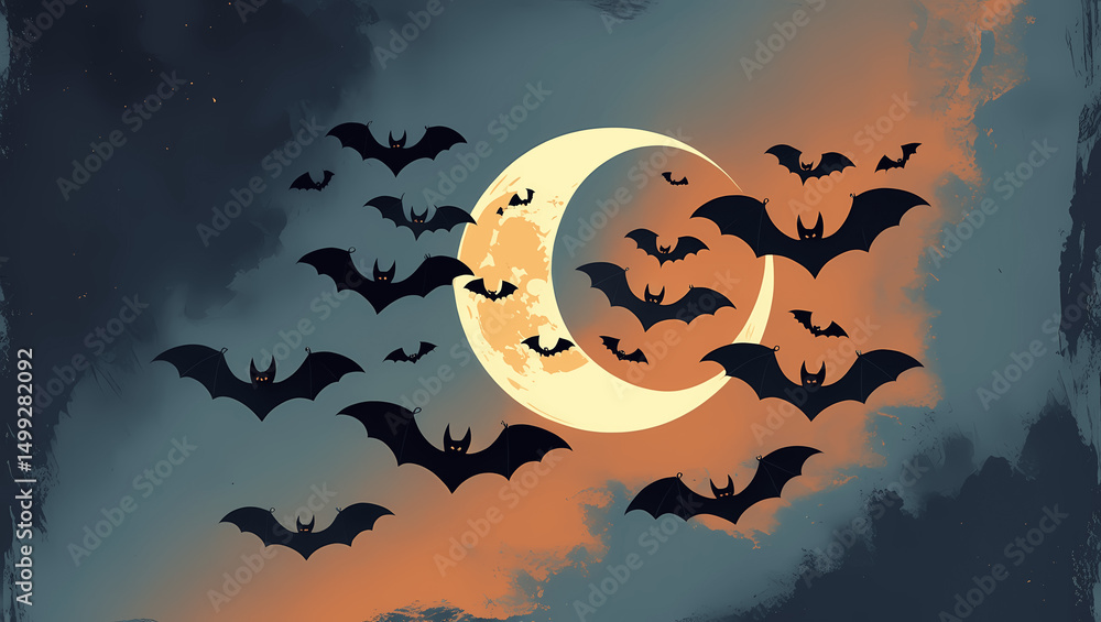 AI-Generated Nightscape Bats Flocking Around a Crescent Moon Amid Eerie Twilight Clouds Over a Rich Dark Night Sky AI-Generated Nightscape Bats Flocking Around a Crescent Moon Amid Eerie Twilight Clouds Over a Rich Dark Night Sky